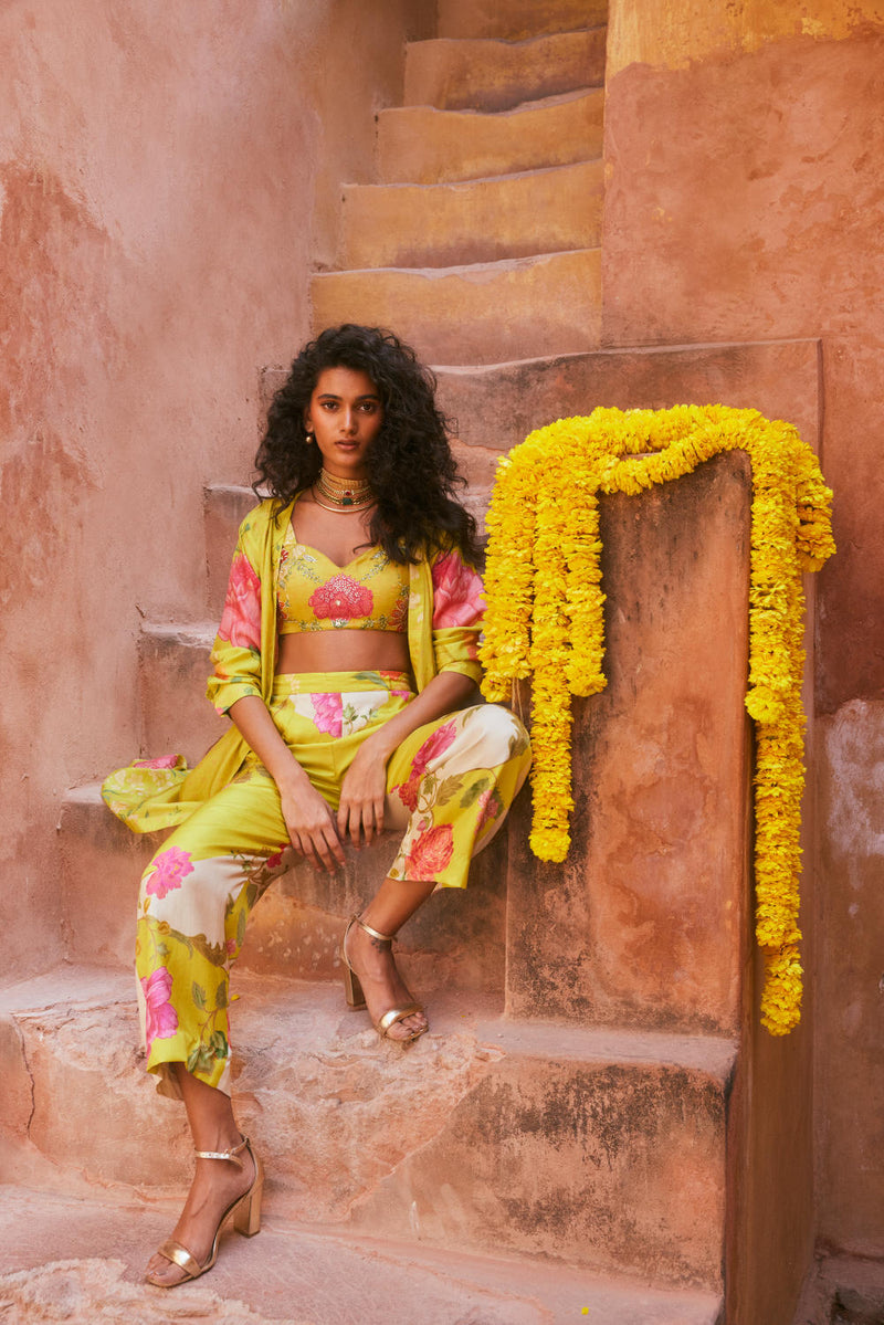 PH-2328 
Jacket 
Blouse 
Trouser Set-Lime yellow with multi color print by Paulmi & Harsh for women in Singapore