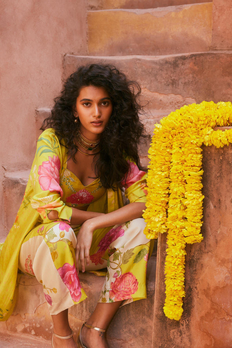 PH-2328 
Jacket 
Blouse 
Trouser Set-Lime yellow with multi color print by Paulmi & Harsh for women in Singapore
