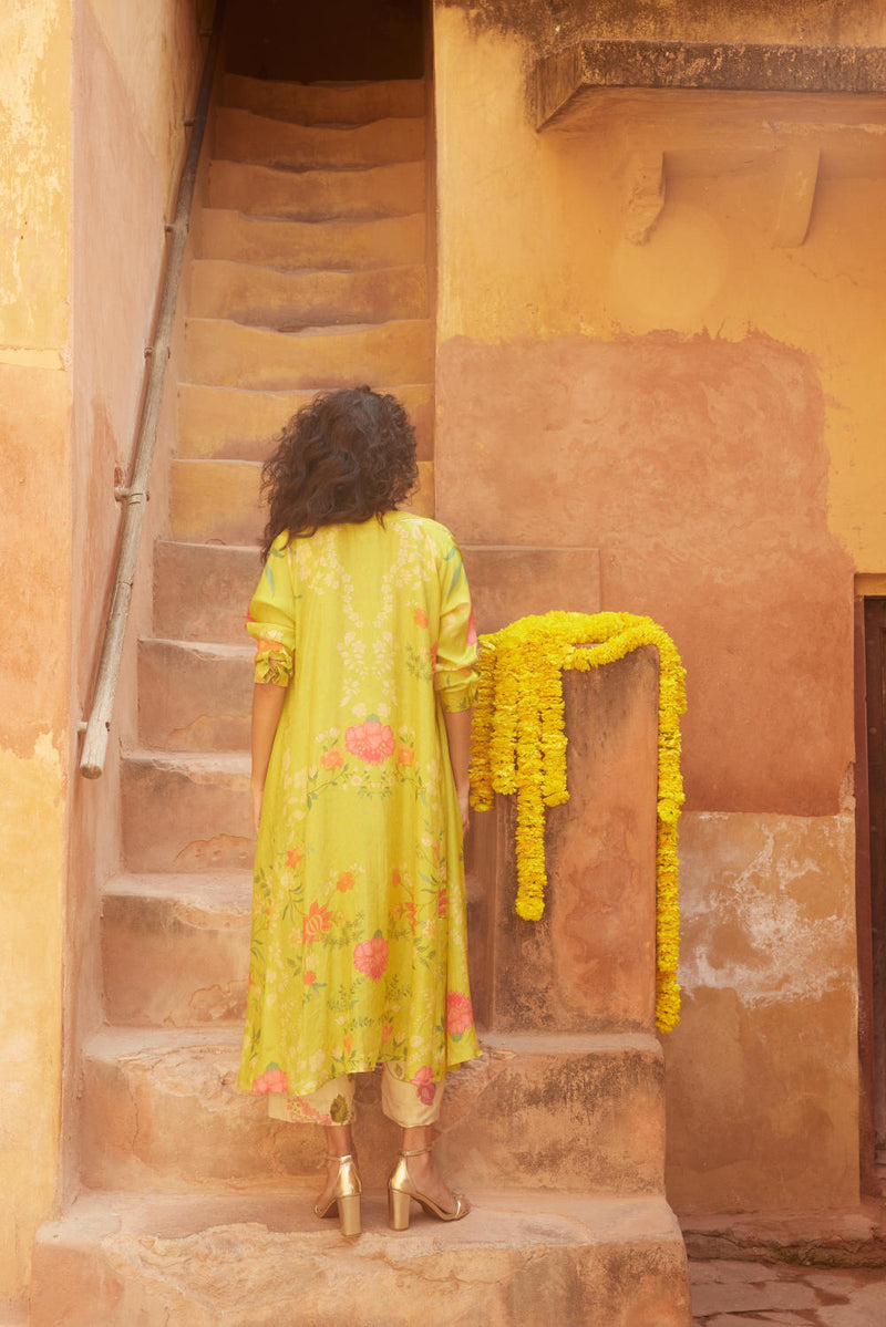 PH-2328 
Jacket 
Blouse 
Trouser Set-Lime yellow with multi color print by Paulmi & Harsh for women in Singapore