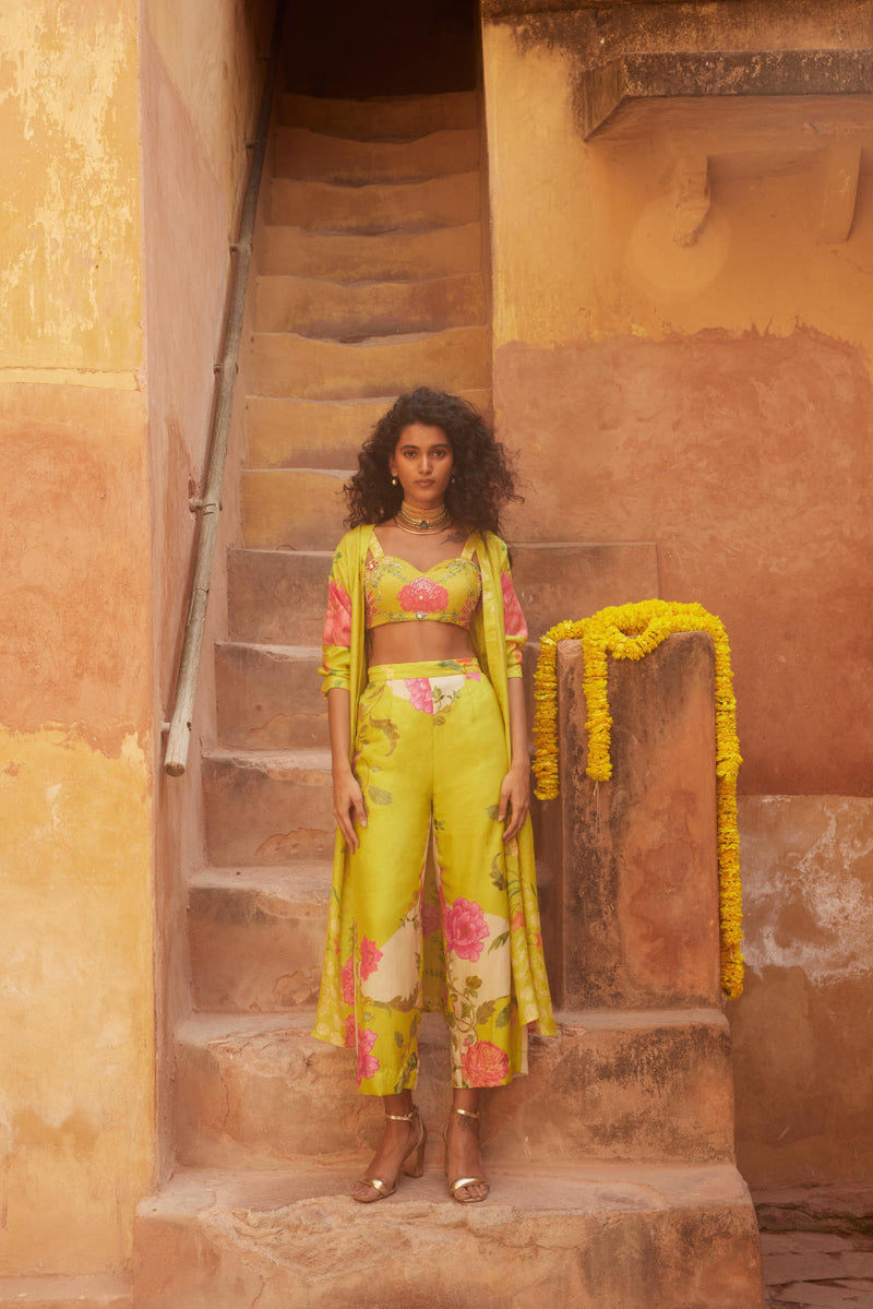 PH-2328 
Jacket 
Blouse 
Trouser Set-Lime yellow with multi color print by Paulmi & Harsh for women in Singapore