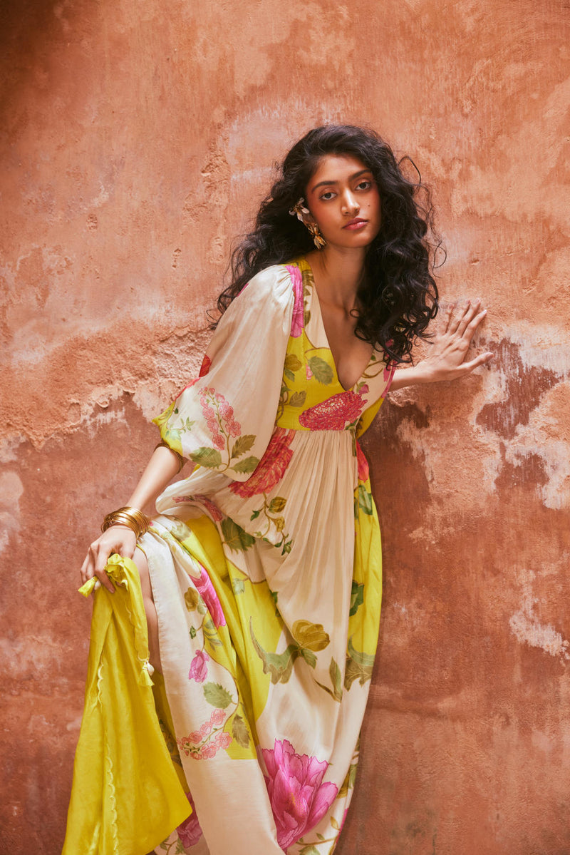 PH-2329 Maxi-Lime yellow with multi color print by Paulmi & Harsh for women in Singapore