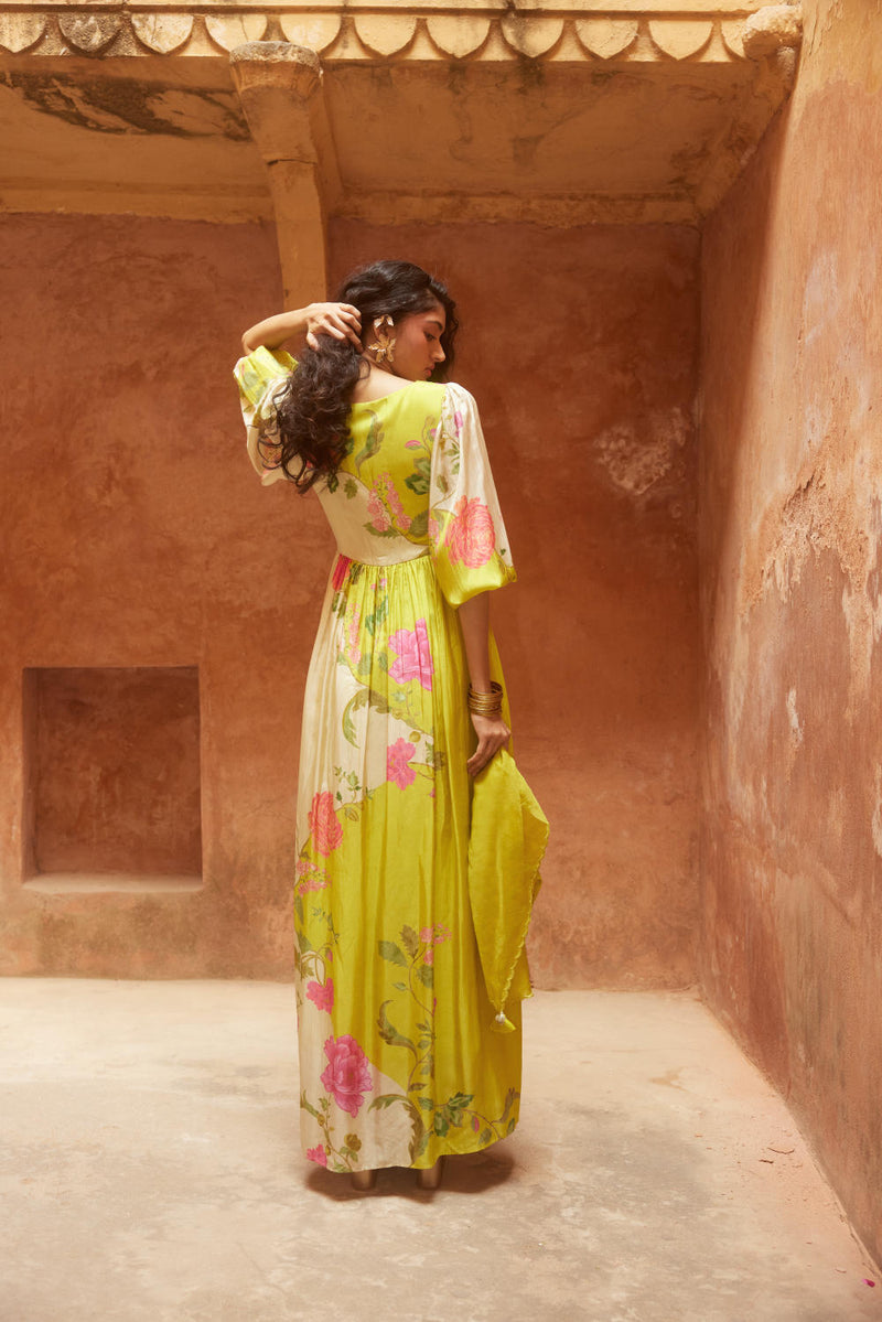 PH-2329 Maxi-Lime yellow with multi color print by Paulmi & Harsh for women in Singapore