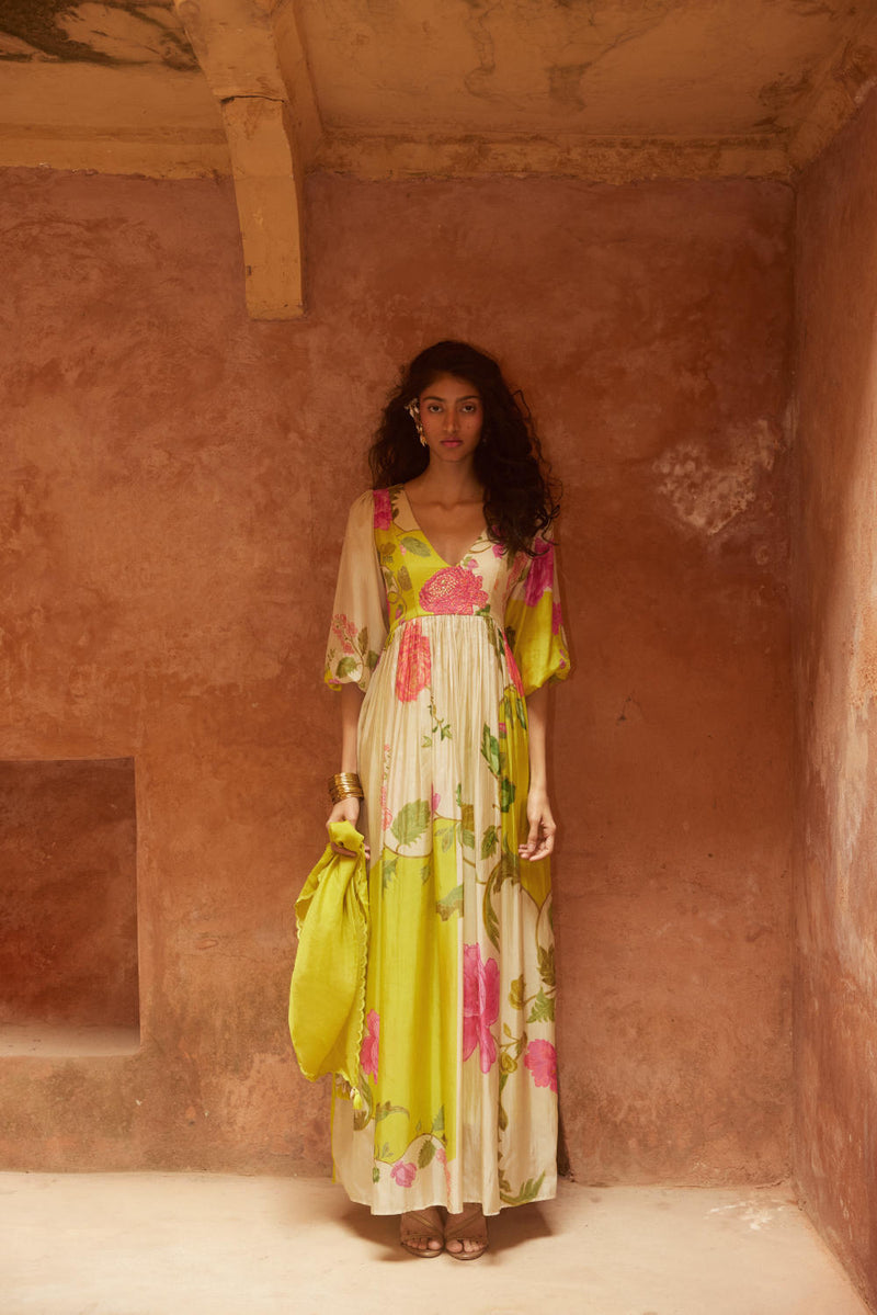 PH-2329 Maxi-Lime yellow with multi color print by Paulmi & Harsh for women in Singapore