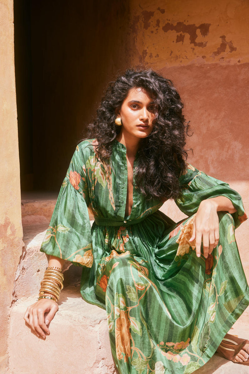 PH-2331 Maxi-Green with multi color print by Paulmi & Harsh in green color for women in Singapore