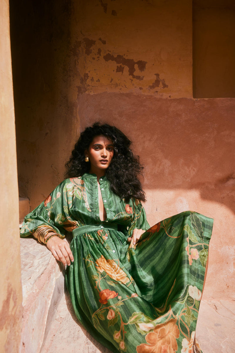 PH-2331 Maxi-Green with multi color print by Paulmi & Harsh in green color for women in Singapore
