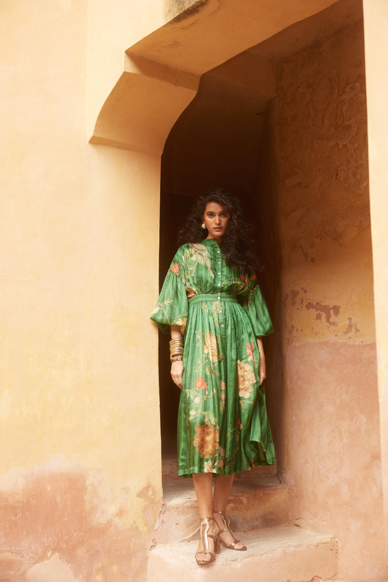 PH-2331 Maxi-Green with multi color print by Paulmi & Harsh in green color for women in Singapore