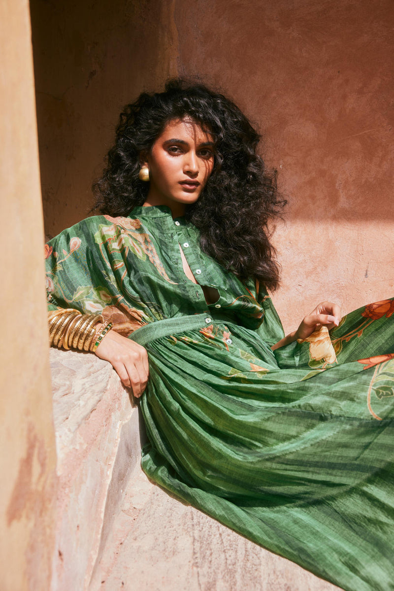 PH-2331 Maxi-Green with multi color print by Paulmi & Harsh in green color for women in Singapore