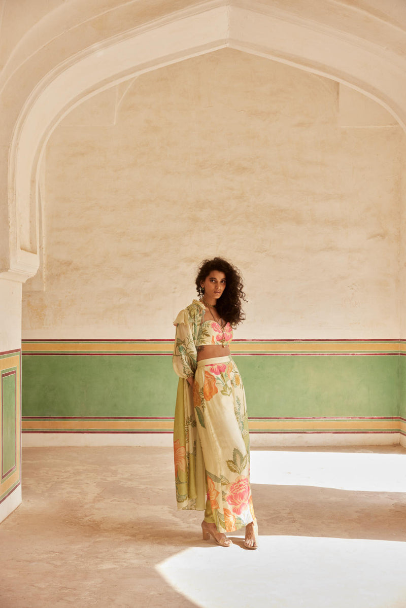 PH-2332 
Bustier 
Trouser 
Jacket Set-Ivory with multi color pastel mul by Paulmi & Harsh in multi color for women in Singapore