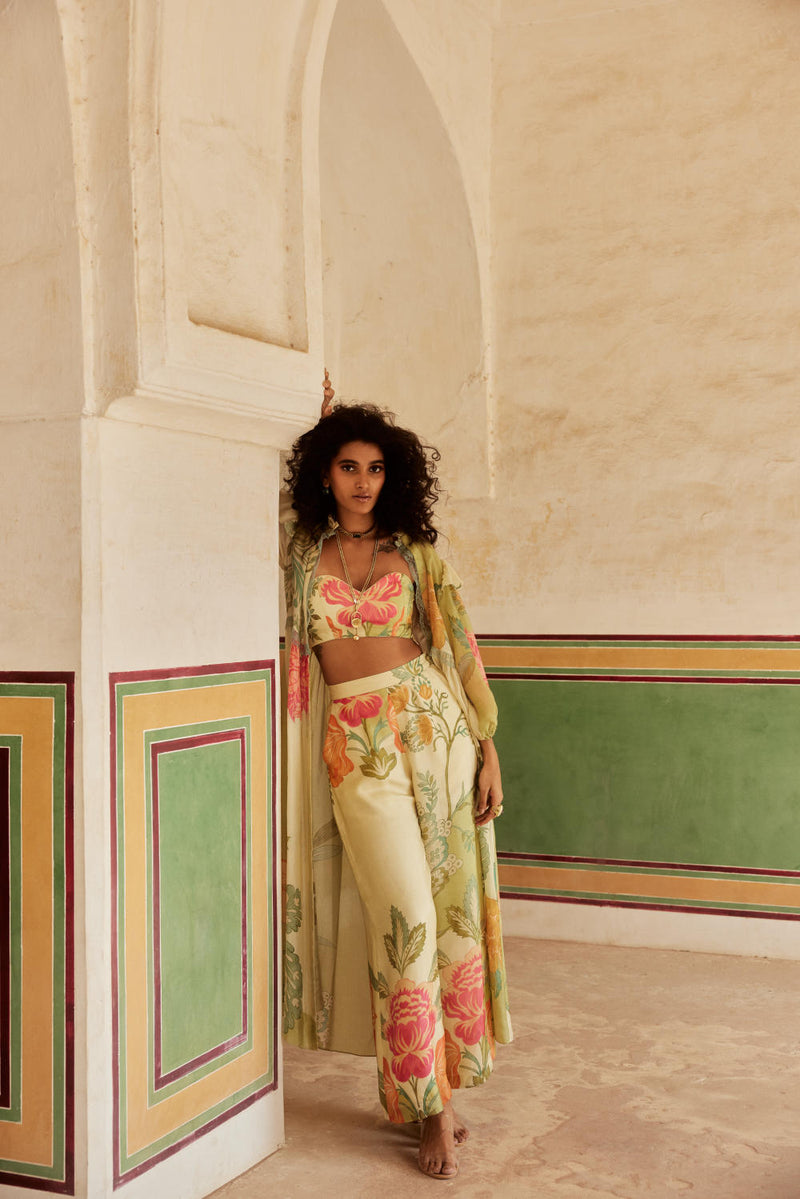 PH-2332 
Bustier 
Trouser 
Jacket Set-Ivory with multi color pastel mul by Paulmi & Harsh in multi color for women in Singapore