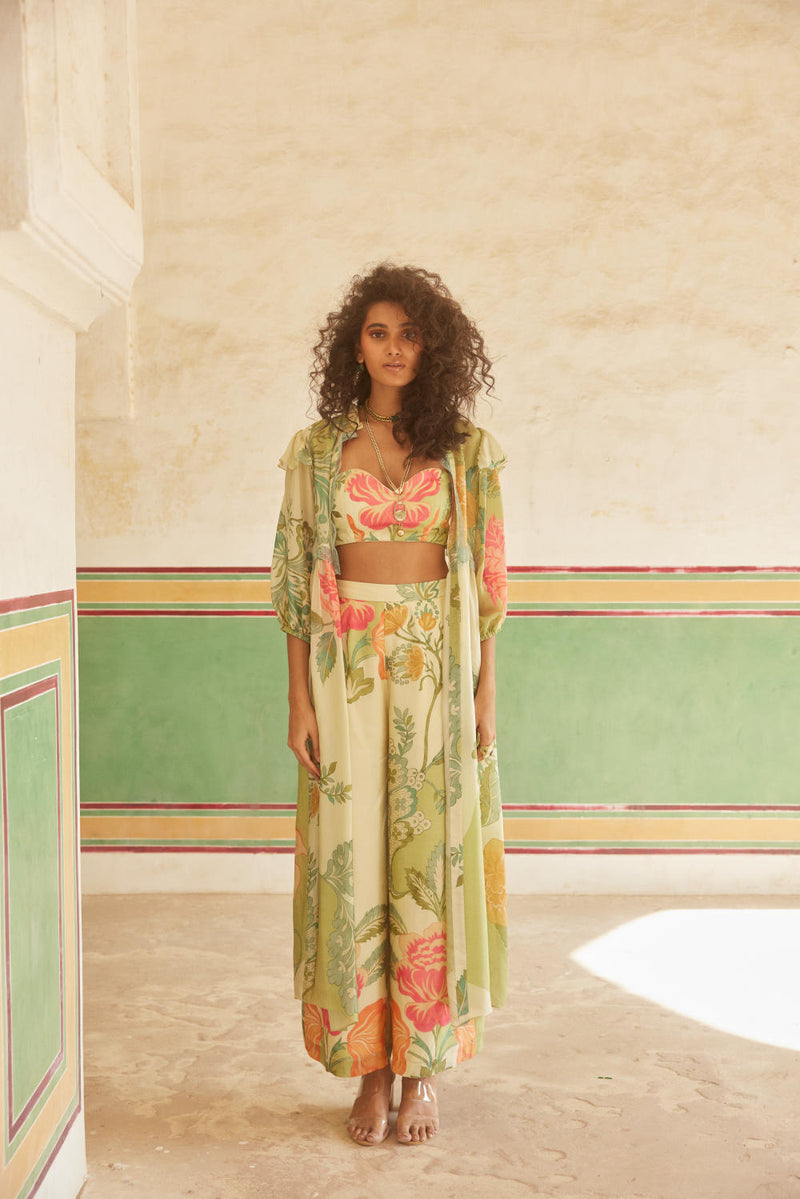 PH-2332 
Bustier 
Trouser 
Jacket Set-Ivory with multi color pastel mul by Paulmi & Harsh in multi color for women in Singapore