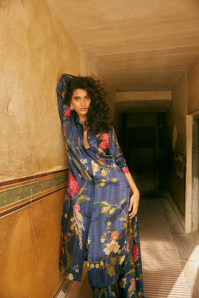 PH-2334 Shirt dress Pants Set-Midnight blue with multi color print by Paulmi & Harsh in blue color for women in Singapore