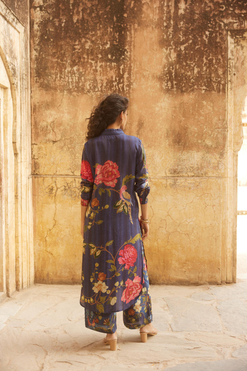 PH-2334 Shirt dress Pants Set-Midnight blue with multi color print by Paulmi & Harsh in blue color for women in Singapore