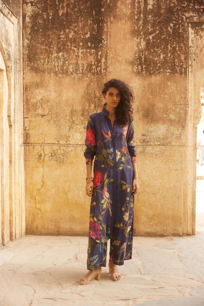 PH-2334 Shirt dress Pants Set-Midnight blue with multi color print by Paulmi & Harsh in blue color for women in Singapore