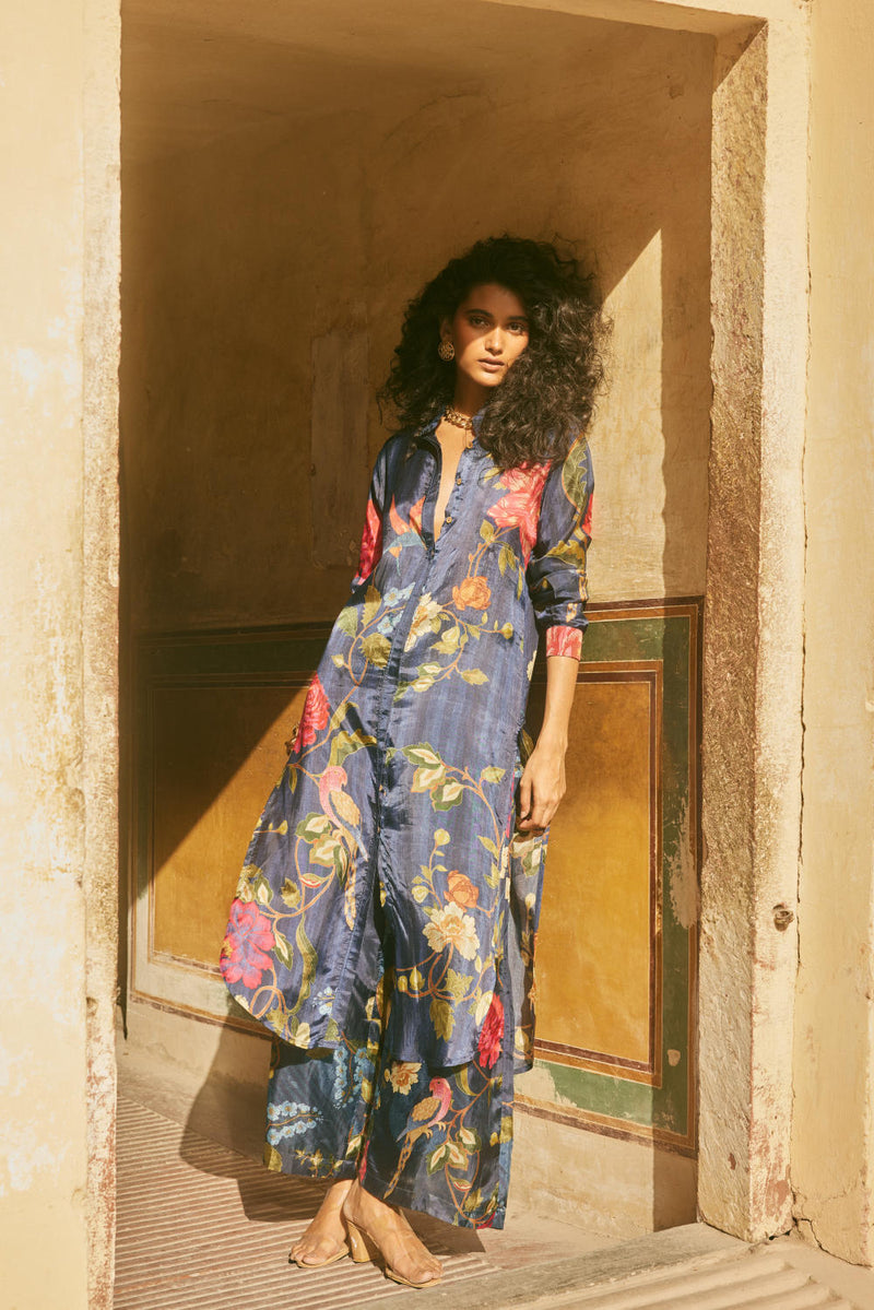 PH-2334 Shirt dress Pants Set-Midnight blue with multi color print by Paulmi & Harsh in blue color for women in Singapore