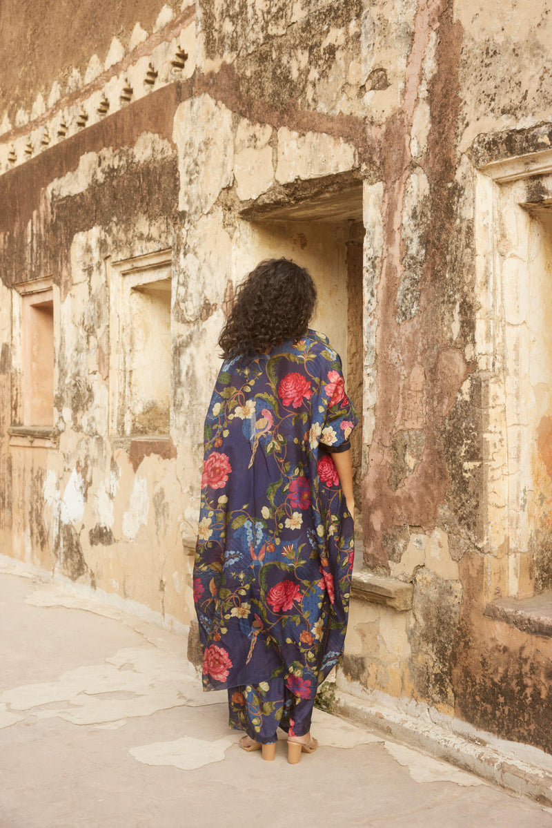 PH-2335 
Blouse 
Trouser 
Jacket Set-Midnight blue with multi color print by Paulmi & Harsh in blue color for women in Singapore