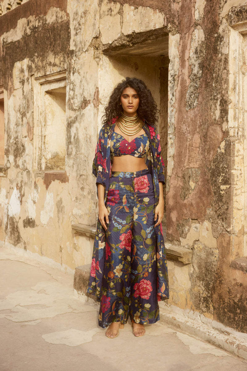 PH-2335 
Blouse 
Trouser 
Jacket Set-Midnight blue with multi color print by Paulmi & Harsh in blue color for women in Singapore