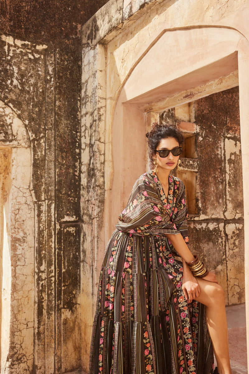 PH-2336 Inner Kaftan Set-Black with multi color florals mul by Paulmi & Harsh in multi color for women in Singapore