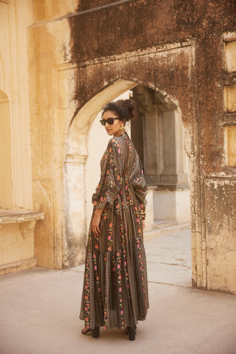 PH-2336 Inner Kaftan Set-Black with multi color florals mul by Paulmi & Harsh in multi color for women in Singapore