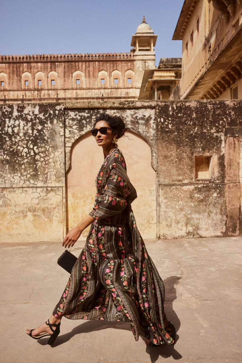 PH-2336 Inner Kaftan Set-Black with multi color florals mul by Paulmi & Harsh in multi color for women in Singapore