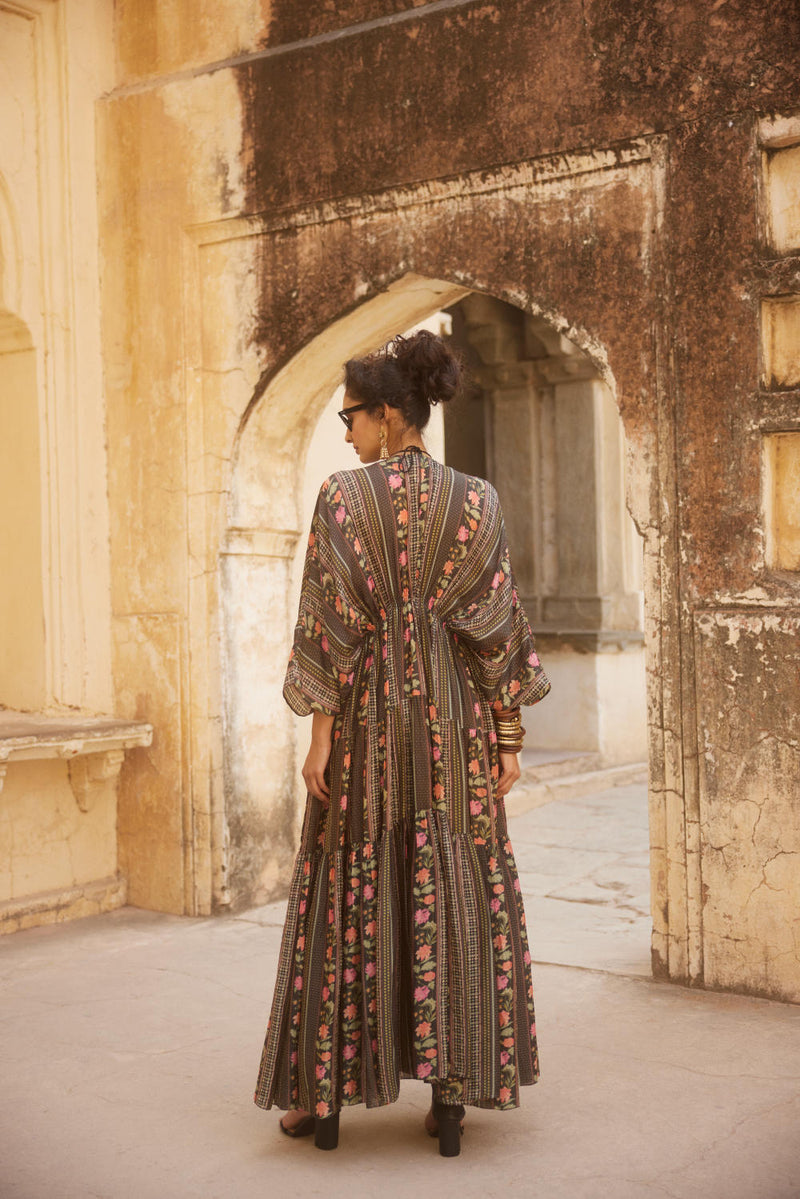 PH-2336 Inner Kaftan Set-Black with multi color florals mul by Paulmi & Harsh in multi color for women in Singapore