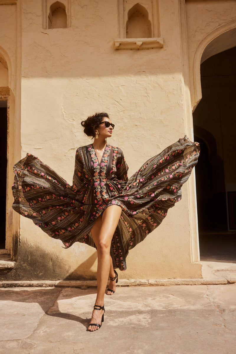 PH-2336 Inner Kaftan Set-Black with multi color florals mul by Paulmi & Harsh in multi color for women in Singapore