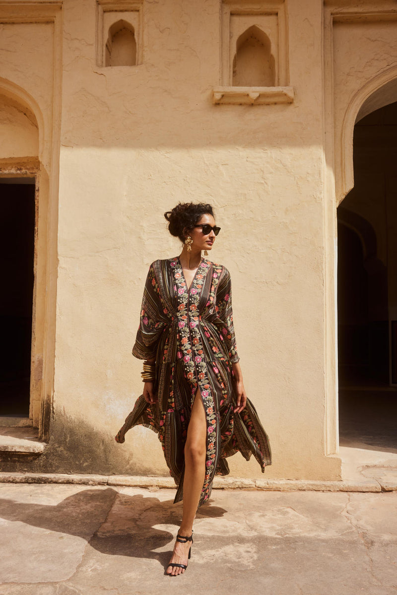 PH-2336 Inner Kaftan Set-Black with multi color florals mul by Paulmi & Harsh in multi color for women in Singapore