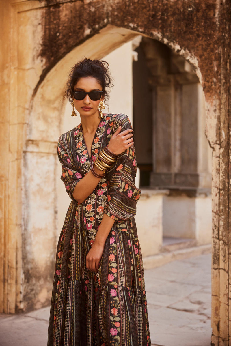 PH-2336 Inner Kaftan Set-Black with multi color florals mul by Paulmi & Harsh in multi color for women in Singapore