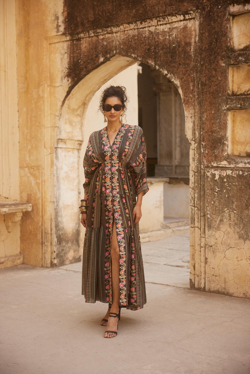 PH-2336 Inner Kaftan Set-Black with multi color florals mul by Paulmi & Harsh in multi color for women in Singapore