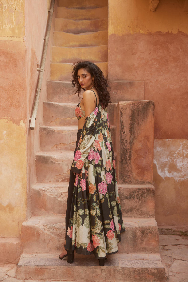 PH-2337 Jacket Blouse Skirt Set-Black with multi color florals mul by Paulmi & Harsh in multi color for women in Singapore
