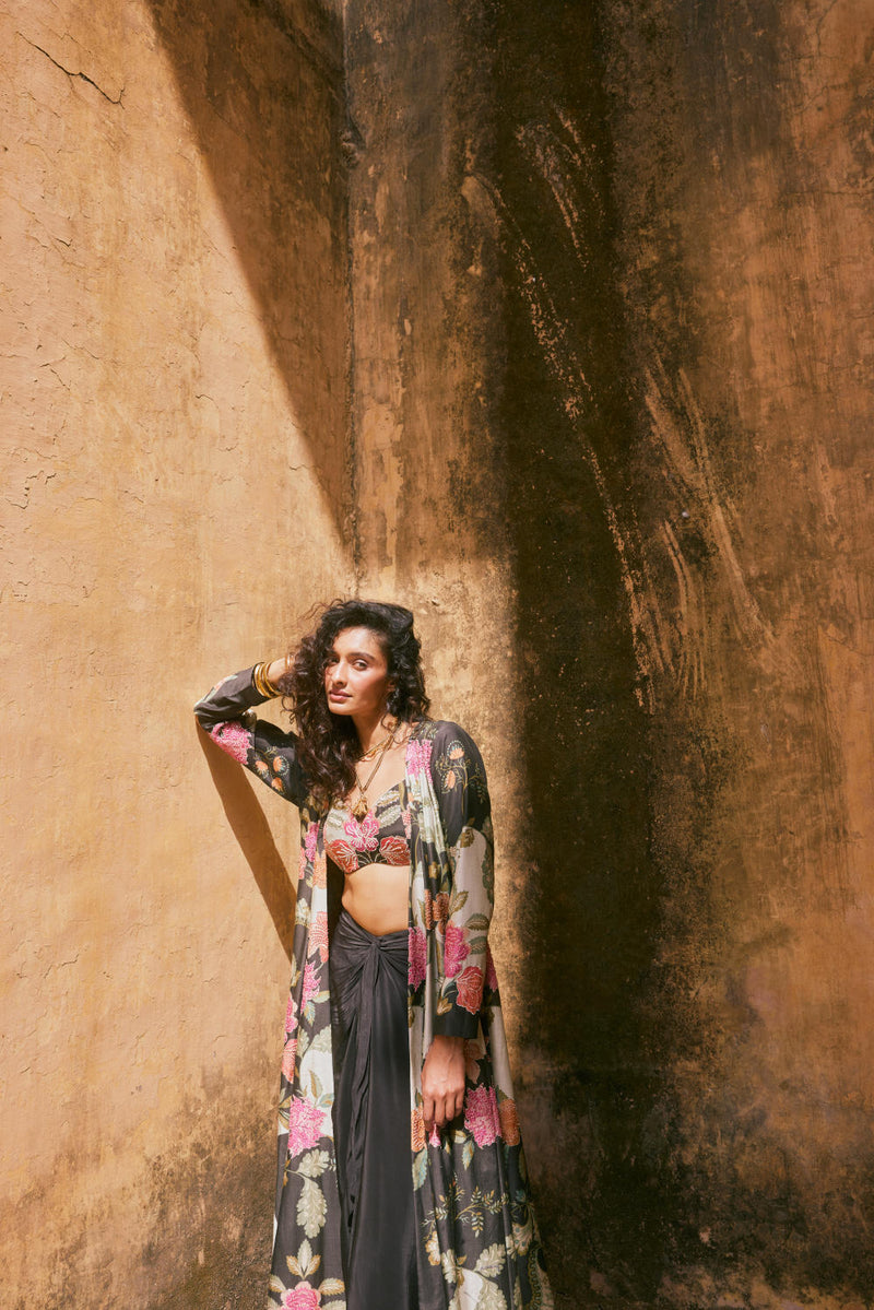 PH-2337 Jacket Blouse Skirt Set-Black with multi color florals mul by Paulmi & Harsh in multi color for women in Singapore