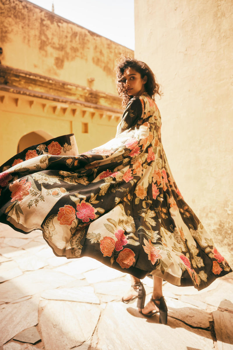 PH-2337 Jacket Blouse Skirt Set-Black with multi color florals mul by Paulmi & Harsh in multi color for women in Singapore