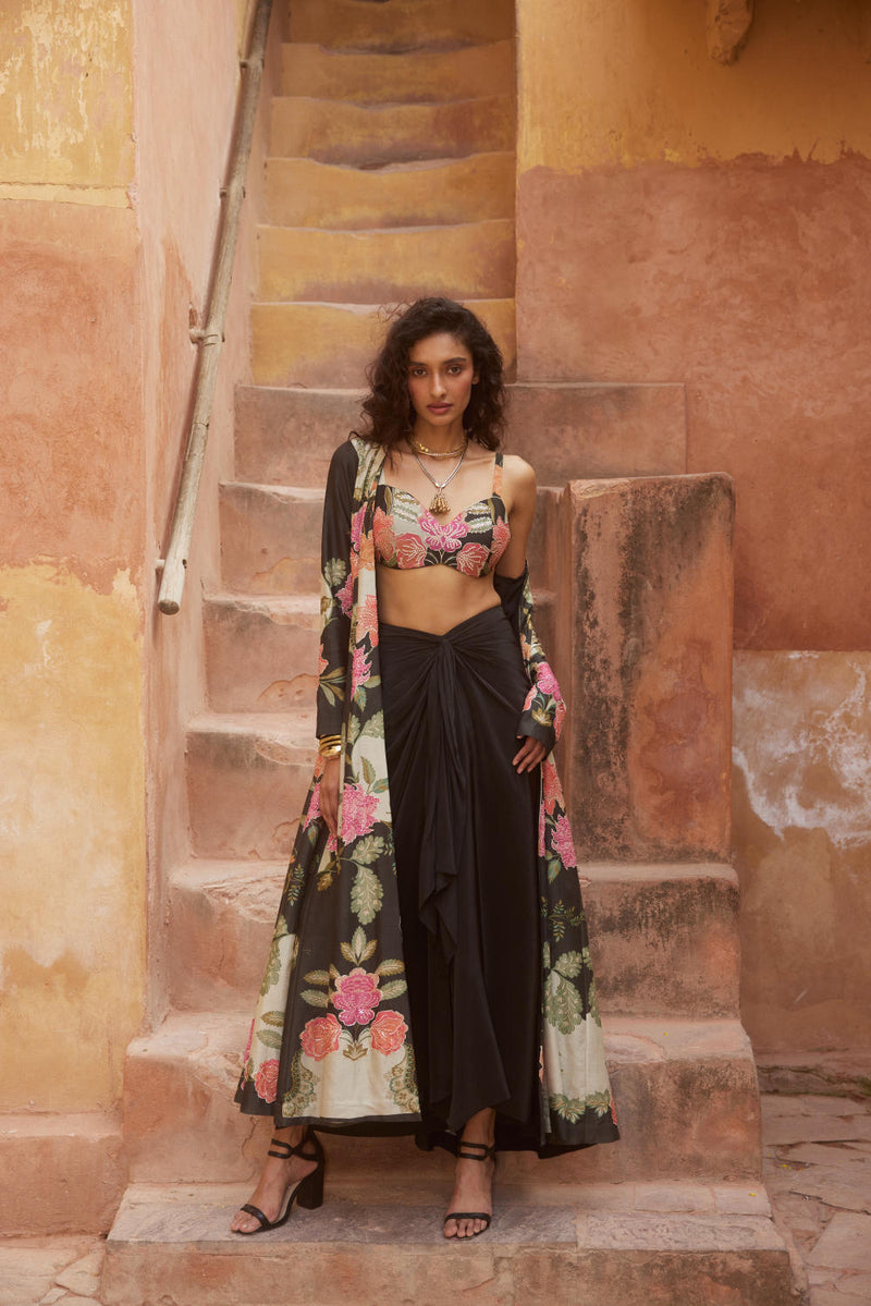 PH-2337 Jacket Blouse Skirt Set-Black with multi color florals mul by Paulmi & Harsh in multi color for women in Singapore