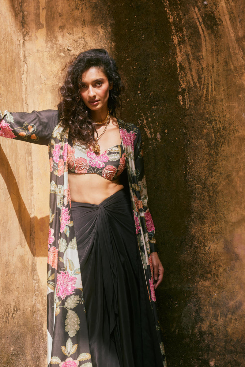 PH-2337 Jacket Blouse Skirt Set-Black with multi color florals mul by Paulmi & Harsh in multi color for women in Singapore