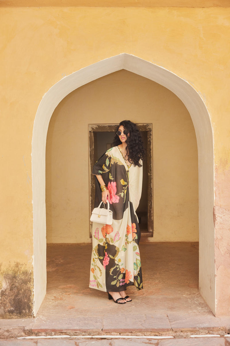 PH-2338 Kaftan Inner Set-Ivory with black base and multi color print mul by Paulmi & Harsh in multi color for women in Singapore