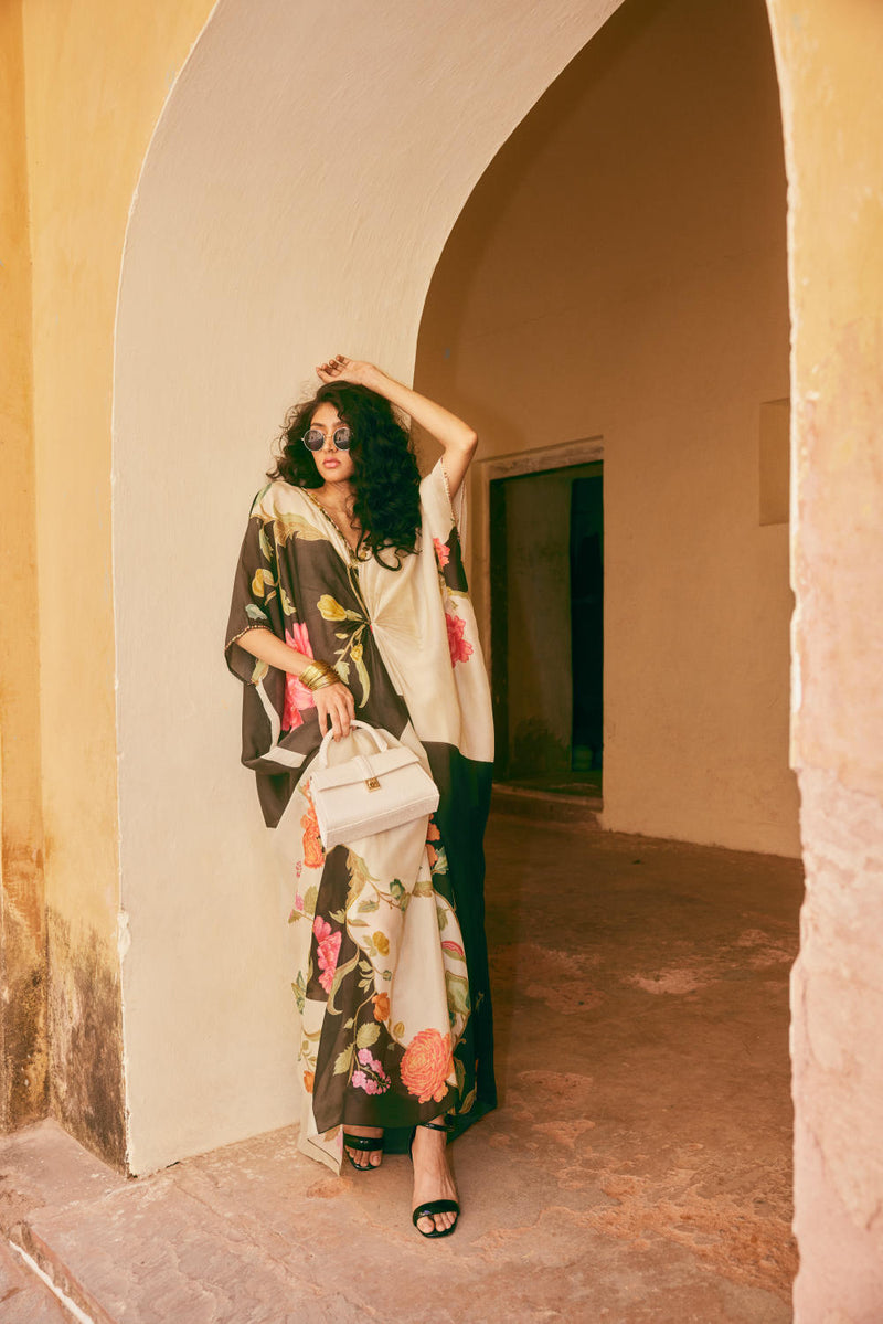 PH-2338 Kaftan Inner Set-Ivory with black base and multi color print mul by Paulmi & Harsh in multi color for women in Singapore