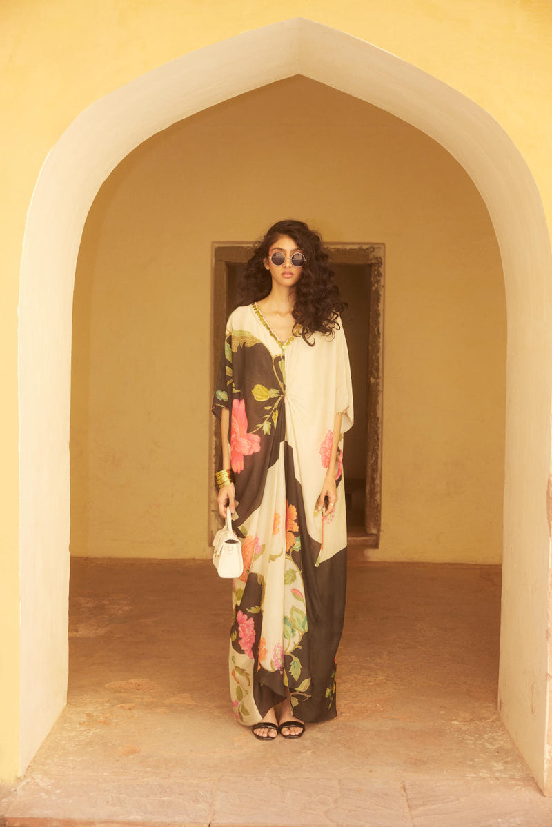 PH-2338 Kaftan Inner Set-Ivory with black base and multi color print mul by Paulmi & Harsh in multi color for women in Singapore