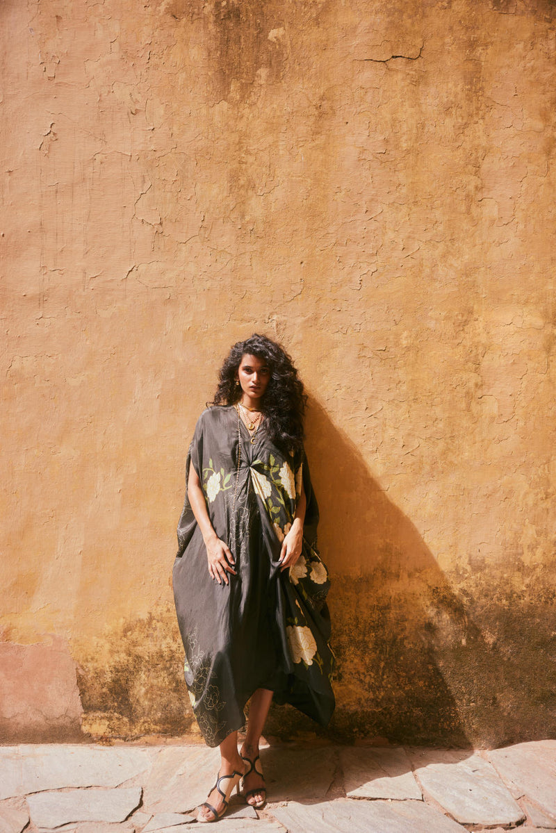 PH-2339 Kaftan Inner Set-Black with floral print mul by Paulmi & Harsh in multi color for women in Singapore