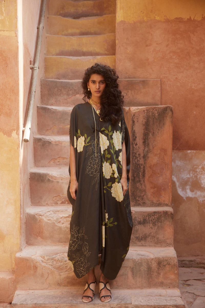 PH-2339 Kaftan Inner Set-Black with floral print mul by Paulmi & Harsh in multi color for women in Singapore