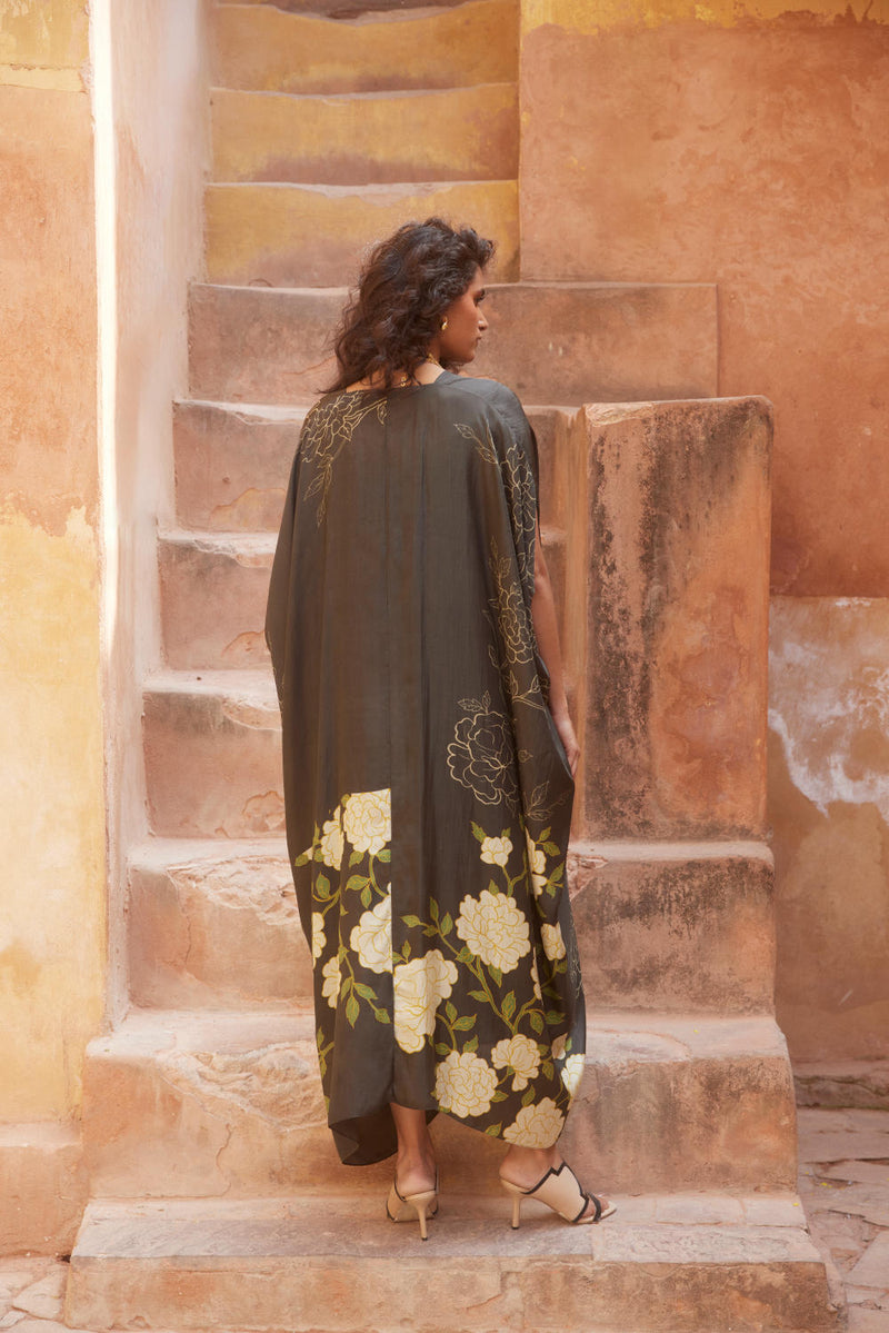 PH-2339 Kaftan Inner Set-Black with floral print mul by Paulmi & Harsh in multi color for women in Singapore