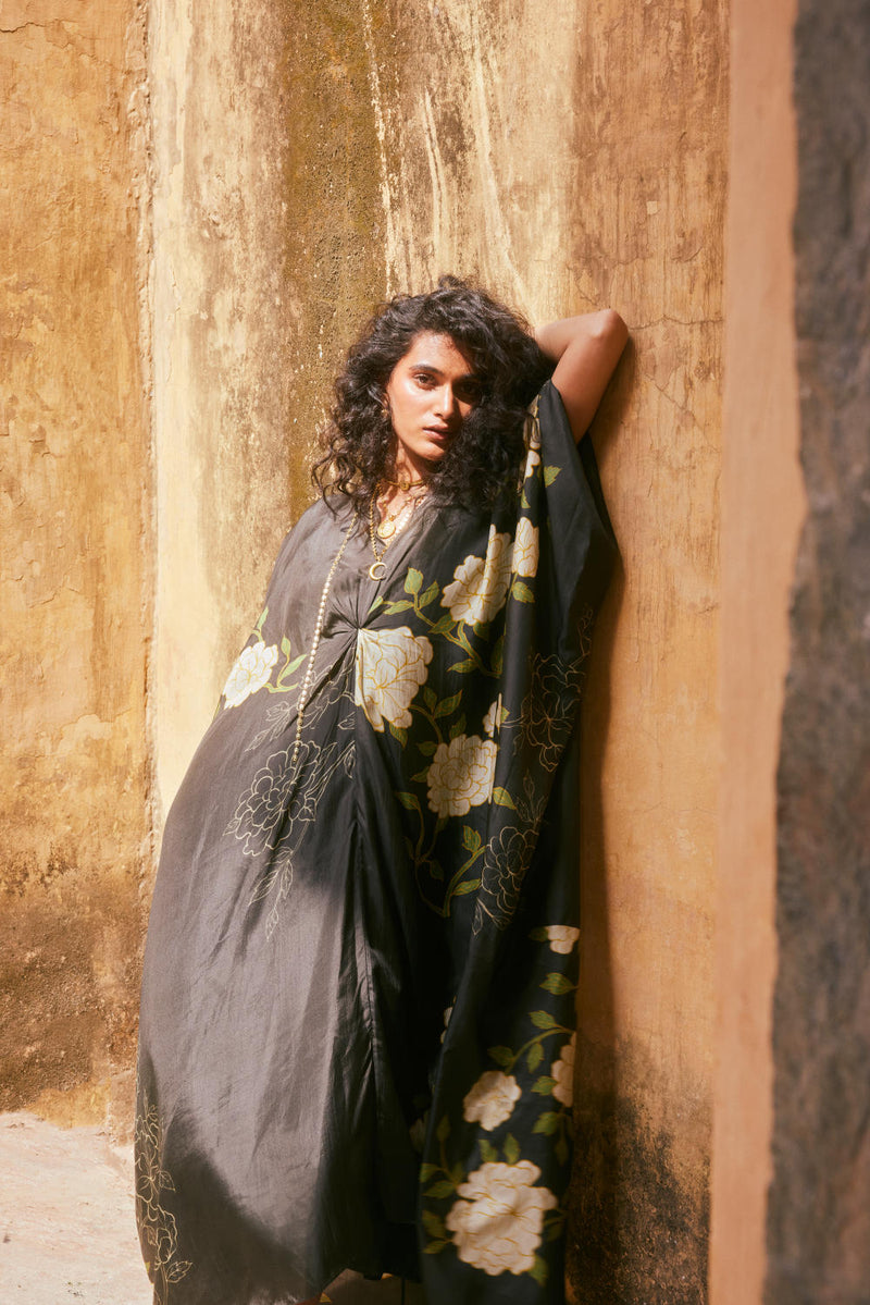 PH-2339 Kaftan Inner Set-Black with floral print mul by Paulmi & Harsh in multi color for women in Singapore