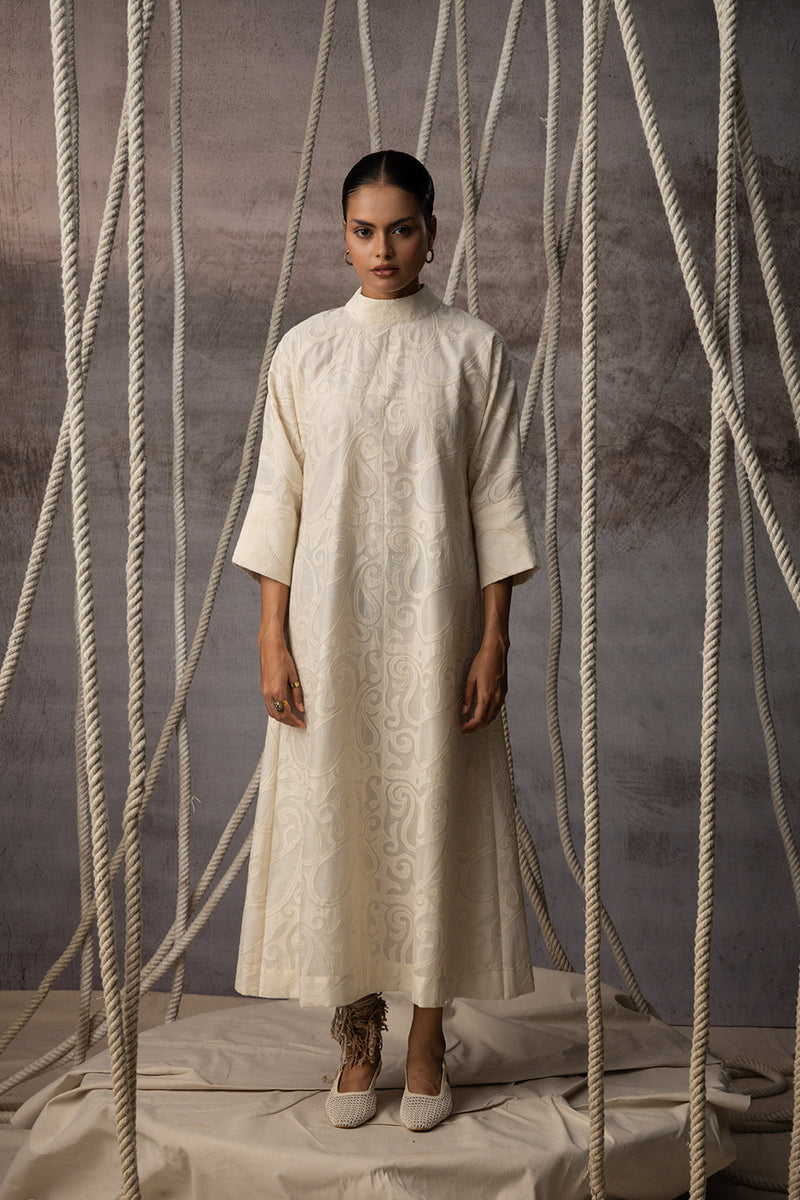 Ivory Appliqué A-Line Dress chanderi cotton silk dress by Kritika Murarka in ivory for women in Singapore