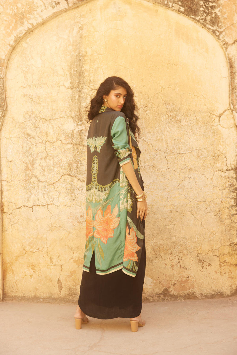 PH-2340 Blouse Skirt Jacket Set-Black with multi color print mul by Paulmi & Harsh in multi color for women in Singapore
