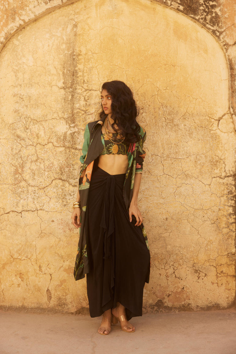 PH-2340 Blouse Skirt Jacket Set-Black with multi color print mul by Paulmi & Harsh in multi color for women in Singapore