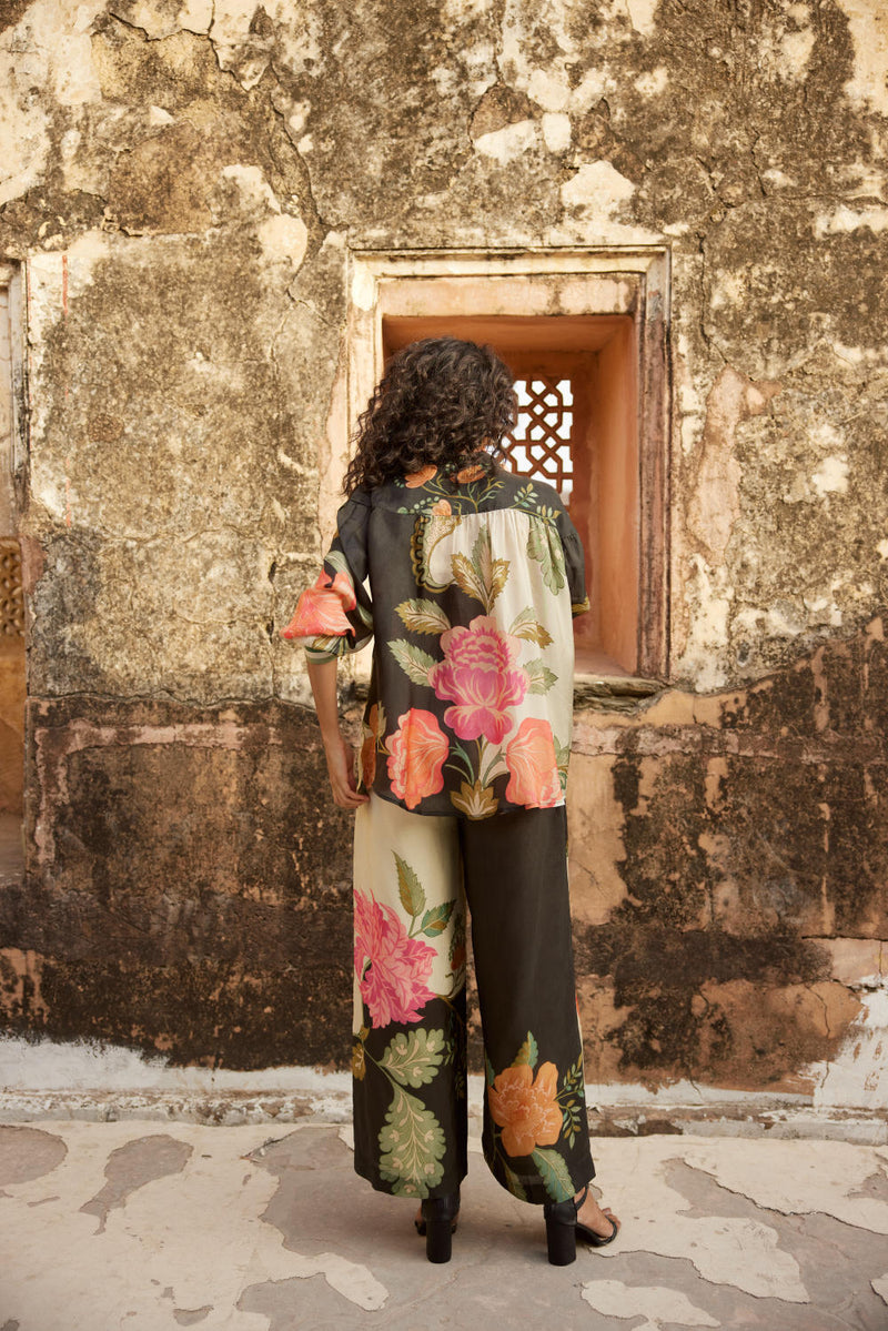 PH-2341 
Shirt 
Trouser Set-Black with multi color print mul by Paulmi & Harsh in multi color for women in Singapore