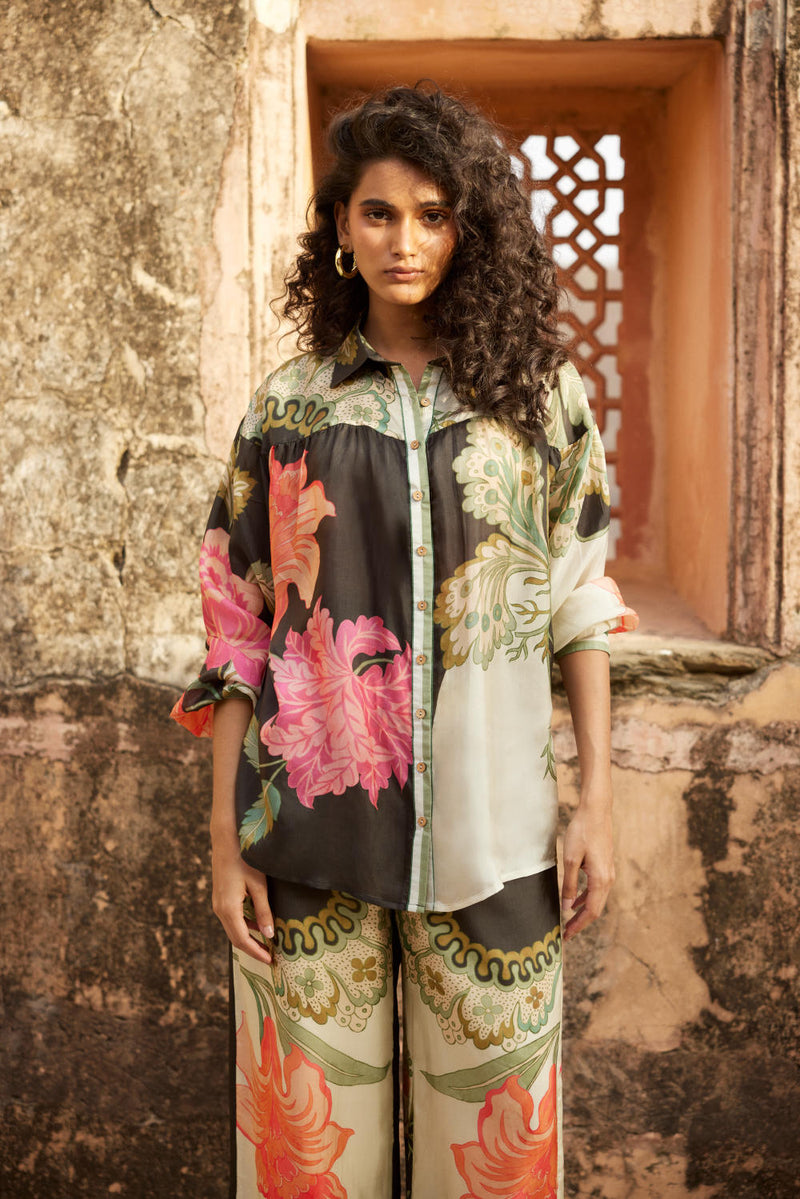 PH-2341 
Shirt 
Trouser Set-Black with multi color print mul by Paulmi & Harsh in multi color for women in Singapore