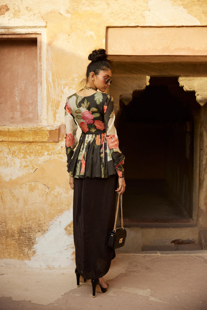 PH-2342 
Peplum 
Skirt Set-Black with multi color print mul by Paulmi & Harsh in multi color for women in Singapore