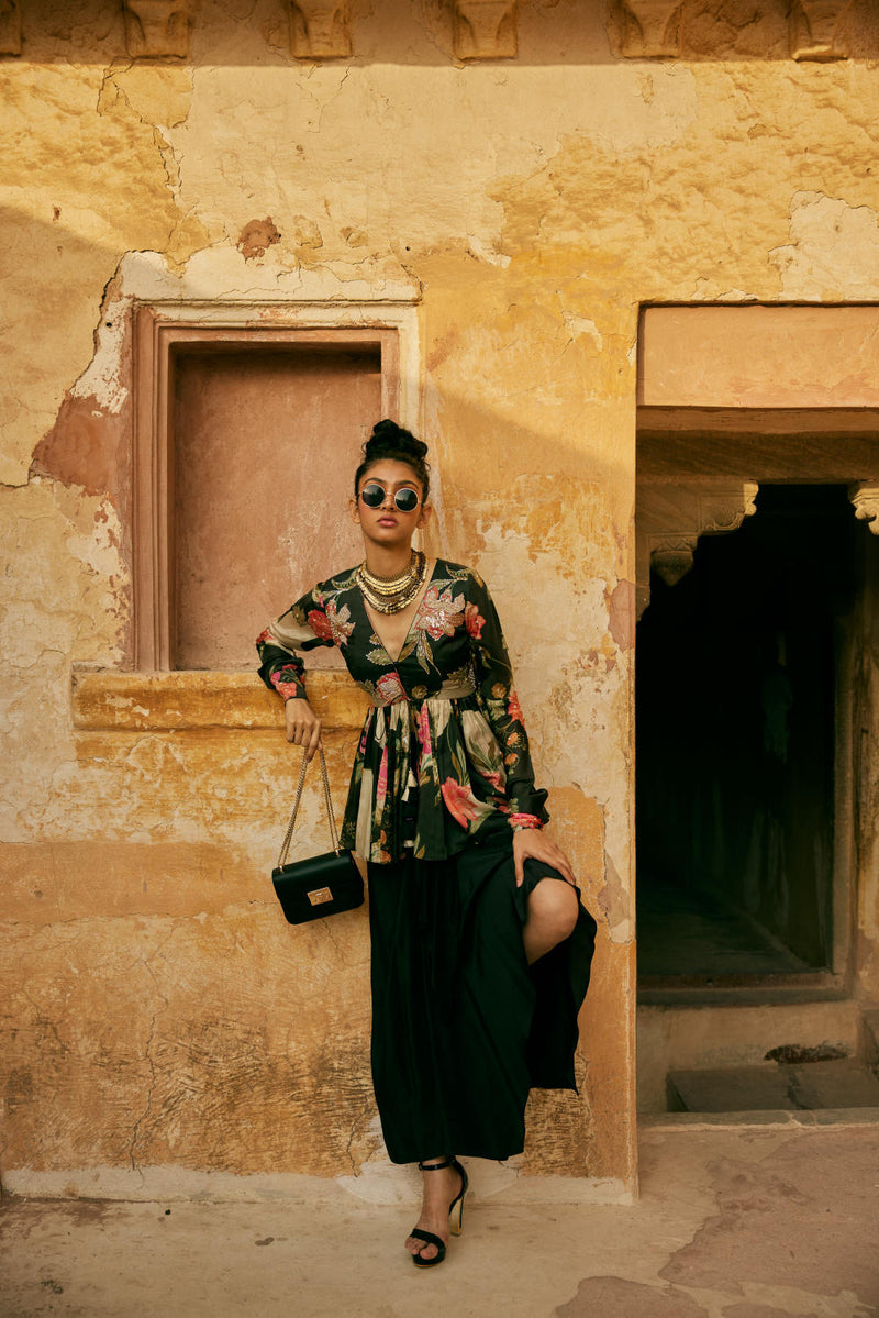 PH-2342 
Peplum 
Skirt Set-Black with multi color print mul by Paulmi & Harsh in multi color for women in Singapore