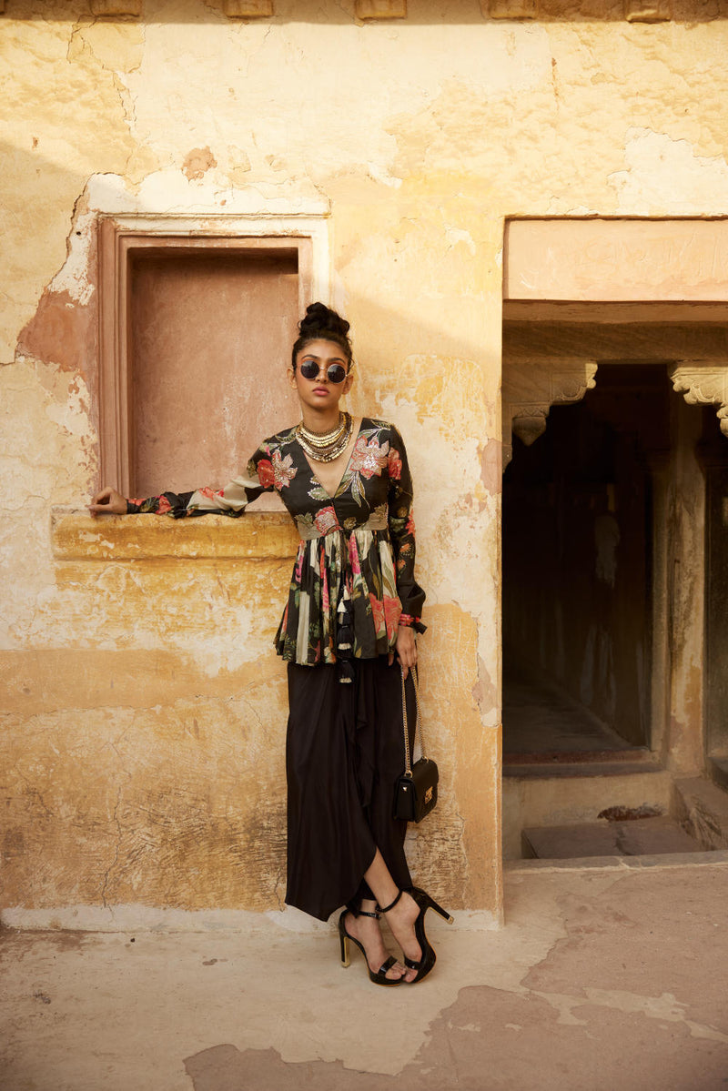 PH-2342 
Peplum 
Skirt Set-Black with multi color print mul by Paulmi & Harsh in multi color for women in Singapore