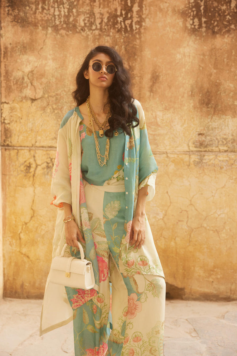 PH-2343 Kurta Trouser 
Inner Set-Ivory, ice blue with multi color print mul by Paulmi & Harsh in multi color for women in Singapore