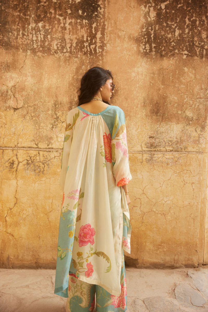 PH-2343 Kurta Trouser 
Inner Set-Ivory, ice blue with multi color print mul by Paulmi & Harsh in multi color for women in Singapore